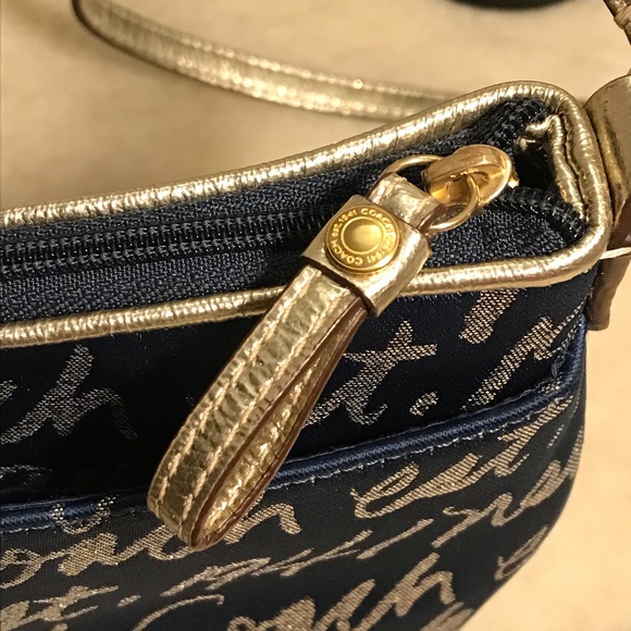 In Like-New COACH Poppy Signature Script Lurex Blue Gold Jacquard Leather Bag - Picture 10 of 14